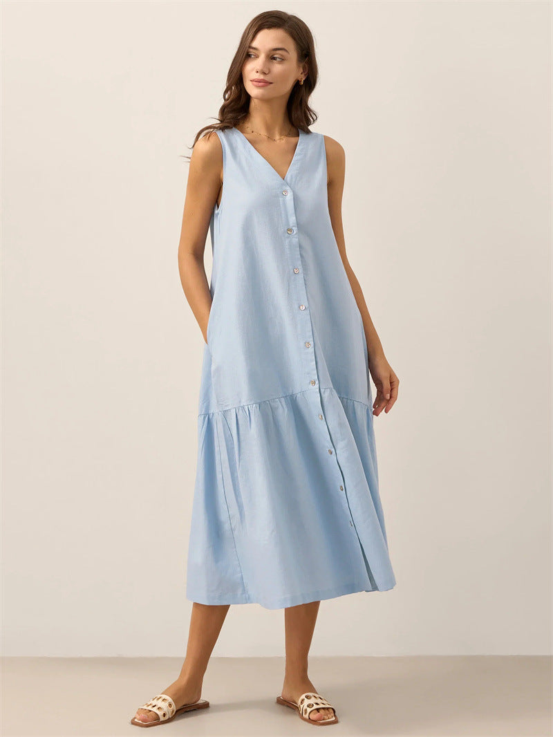 V Neck Sleeveless Button Down Loose Linen Blend Tiered Midi Dress