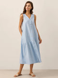 V Neck Sleeveless Button Down Loose Linen Blend Tiered Midi Dress