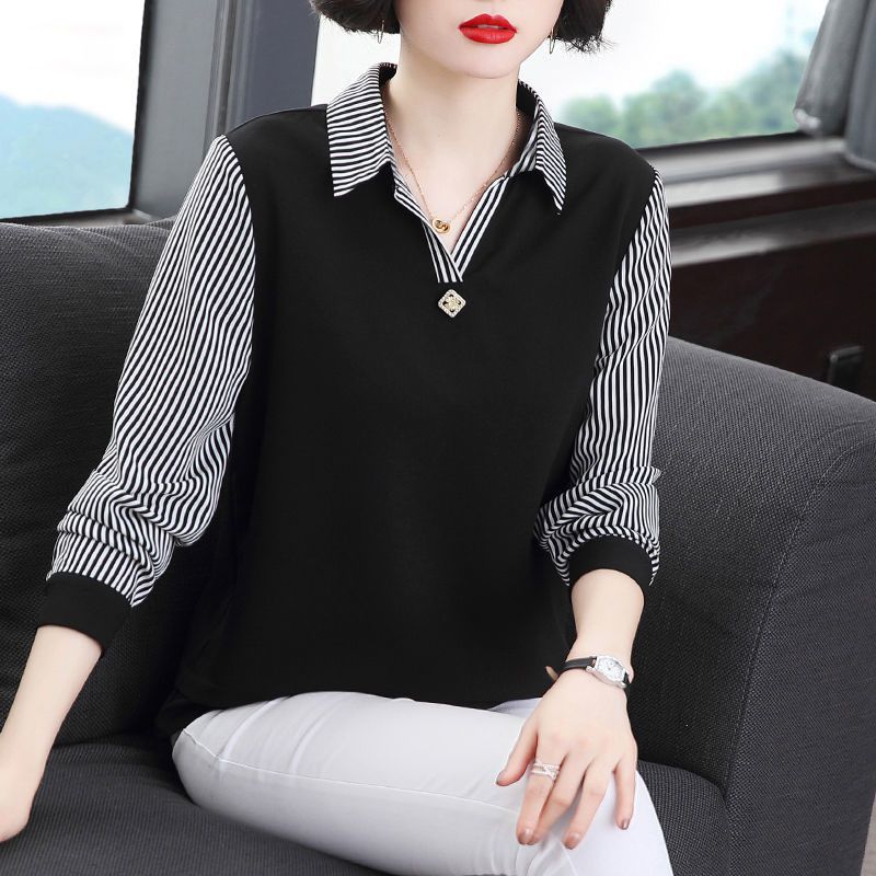 Youthful Look Mid Age And Senior Spliced Polo Neck Base Shirt Long Sleeve Top For Women