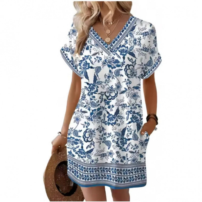 European And American-Style Fashionable Printed Loose-Fit V-Neck Short-Sleeve Dress