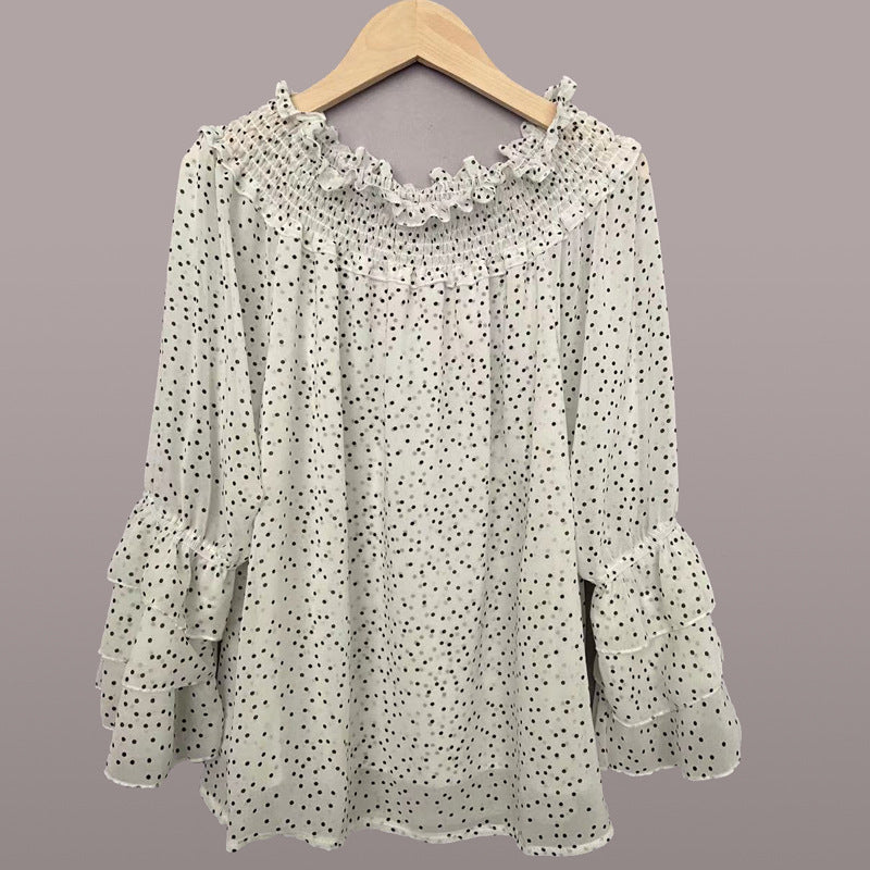 Off-Shoulder Casual Long-Sleeve Chiffon Top With Polka Dots