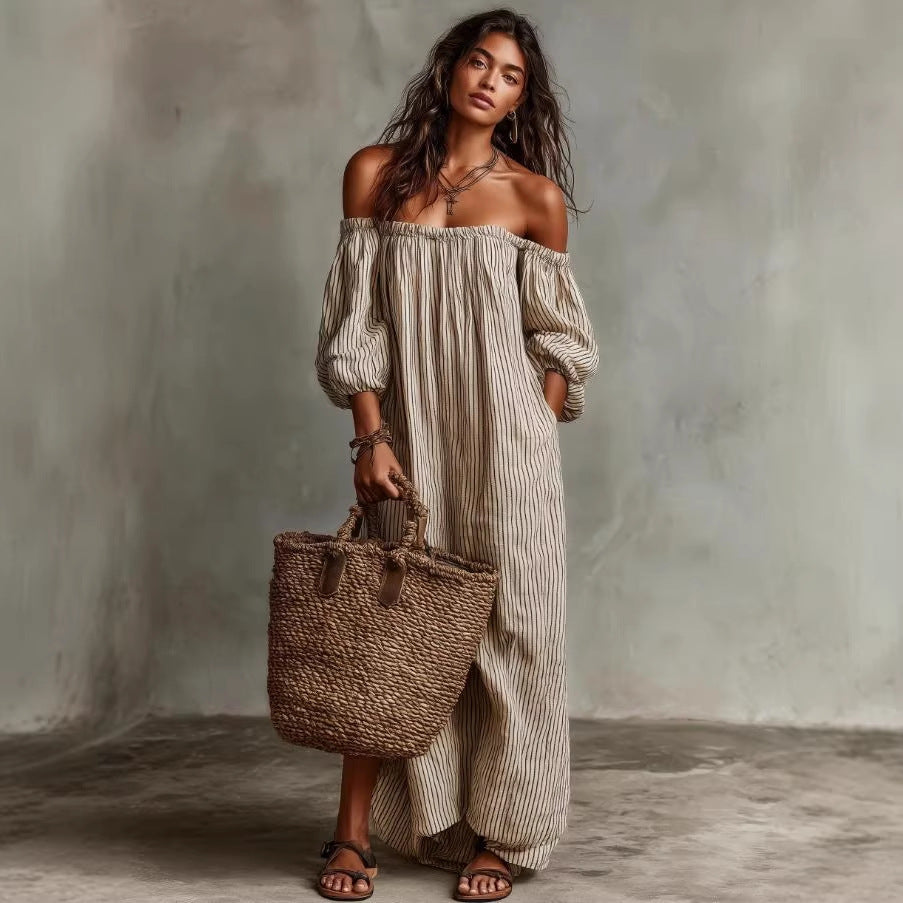 Women's Casual Loose-Fit Off-Shoulder Striped Dress