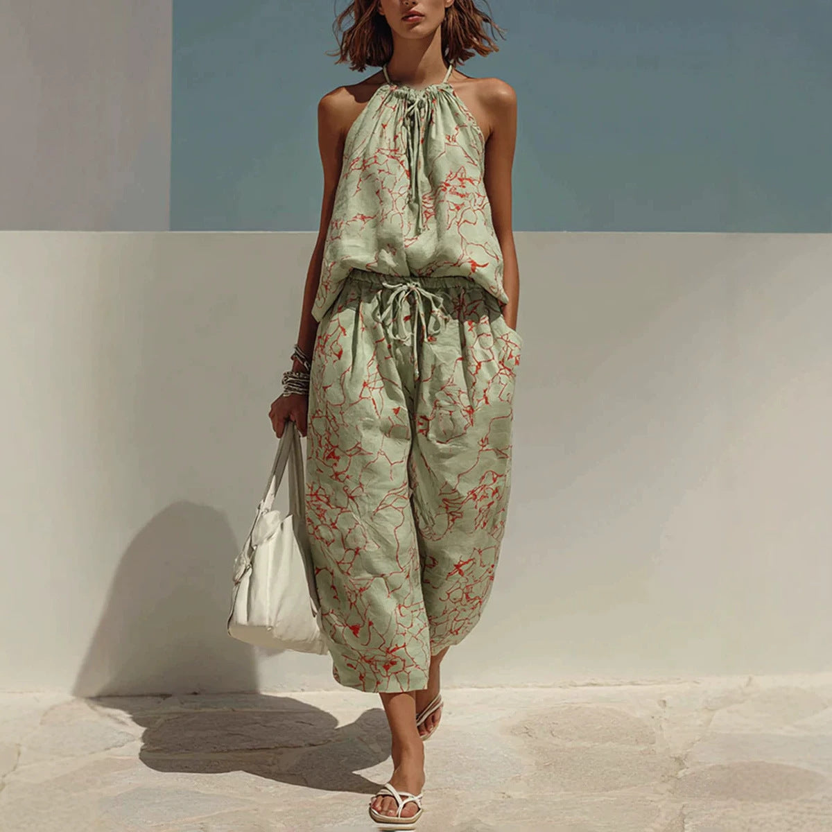 Minimalist Printed Backless Camisole And Relaxed-Fit Wide-Leg Pants Set, Vacation Style