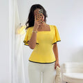 Slim-Fit Cream-Yellow T-Shirt With Ruffled Hem And Short Sleeves