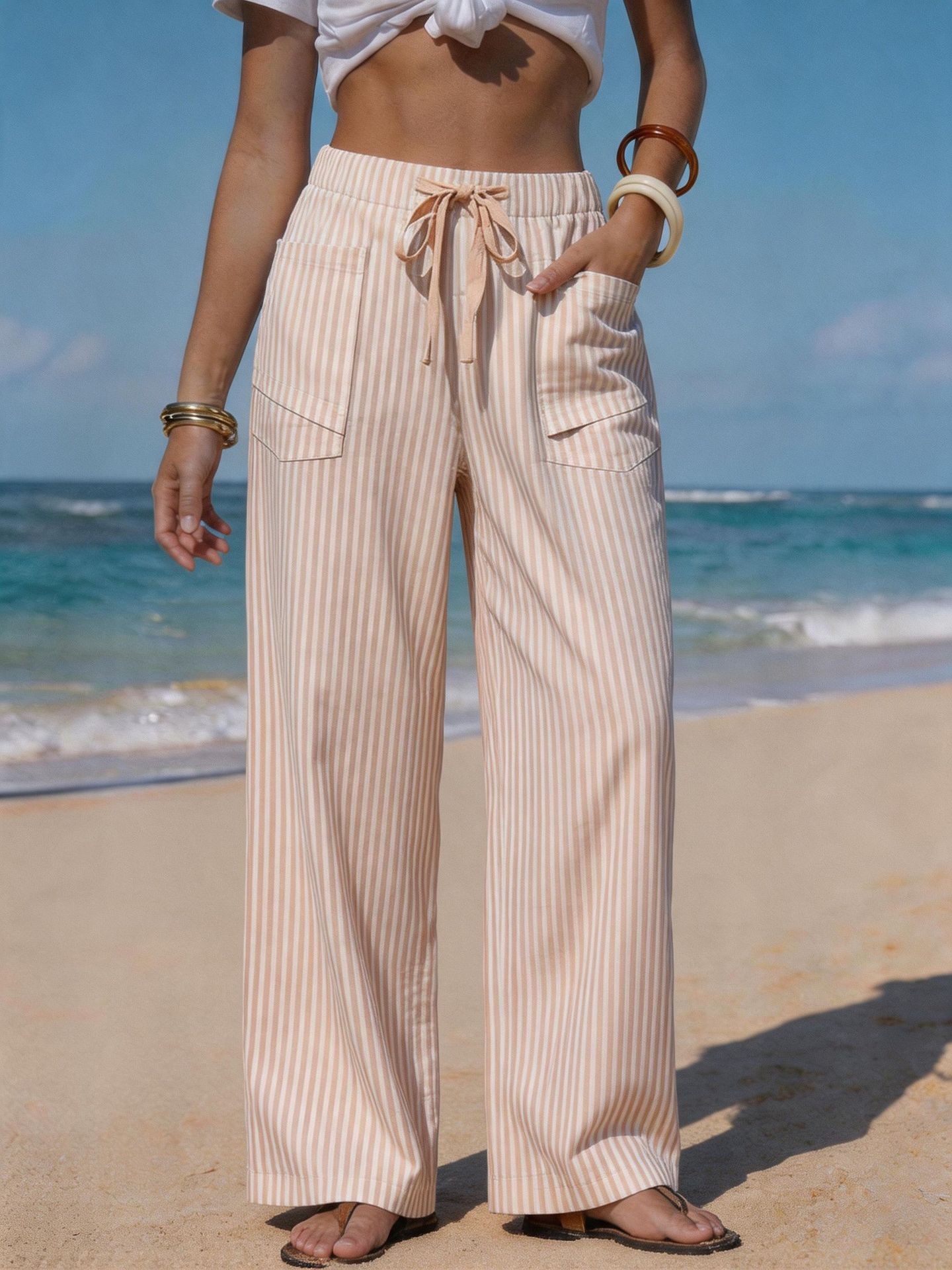 Linen-Look Comfortable Drawstring-Pocket Casual Pants For Vacation And The Beach