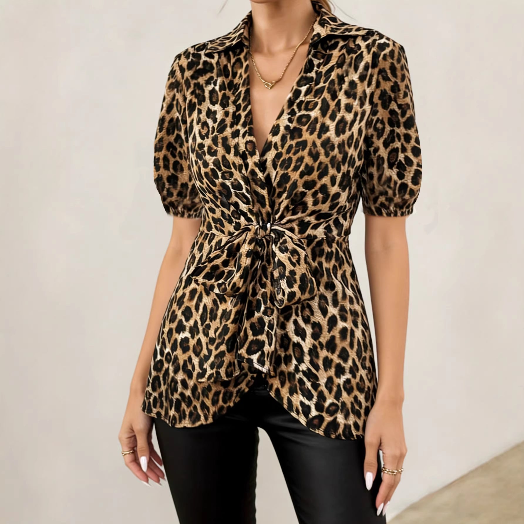 Women's Short-Sleeved Lace-Up Top Leopard-Print Blouse