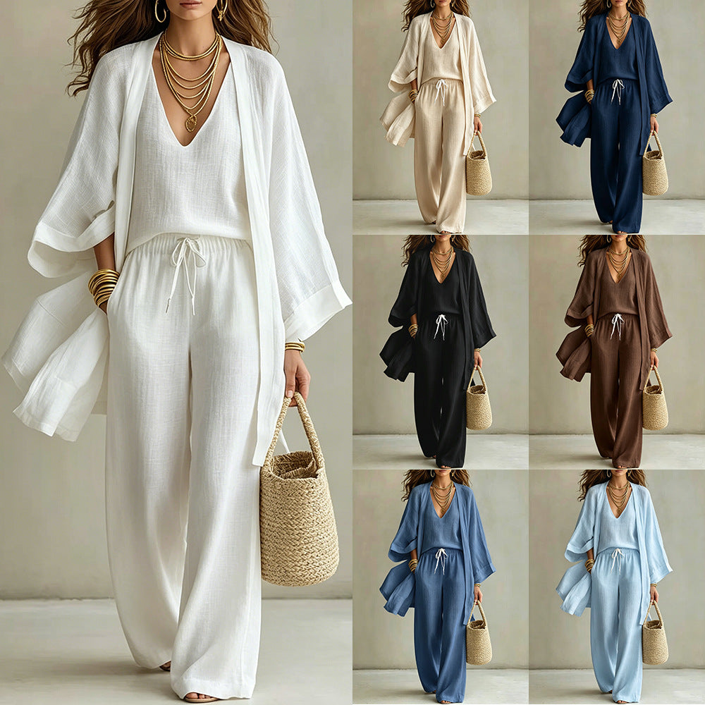 Women's Casual Three-Piece Set Nine-Quarter-Sleeve Cardigan Sleeveless Vest And Long Pants