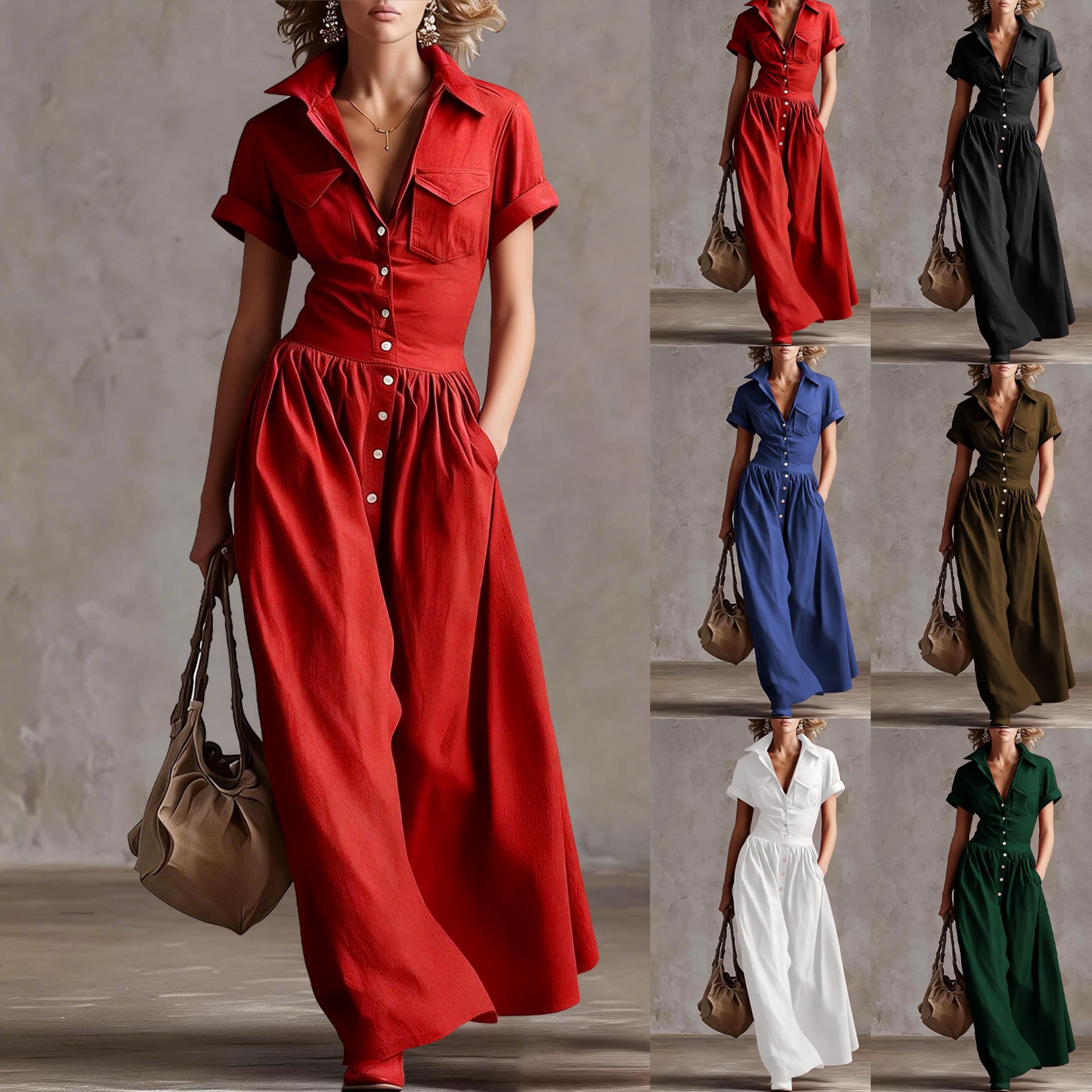 Fashionable Western-Style Women's Long Dress With Short Sleeves