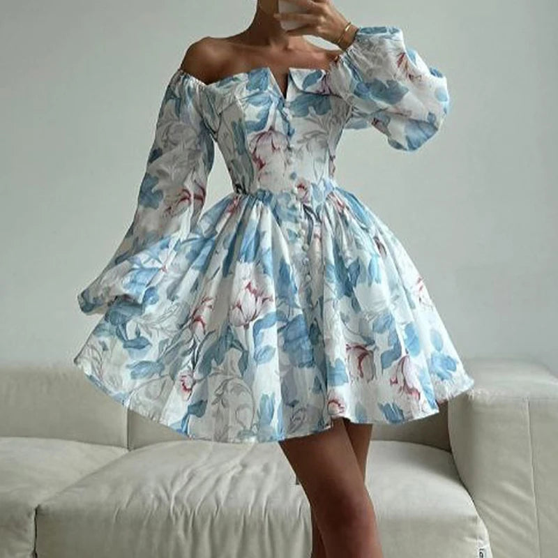 Puff Sleeve Pleated A-Line Dress Floral Print Chic
