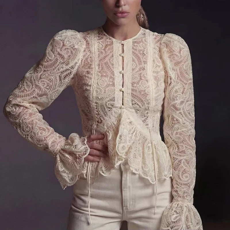 Lace Embroidered Blouse Flare Sleeve