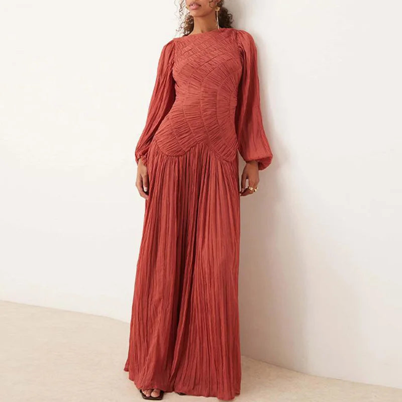 Spring Casual Long Sleeve Pleated Dress