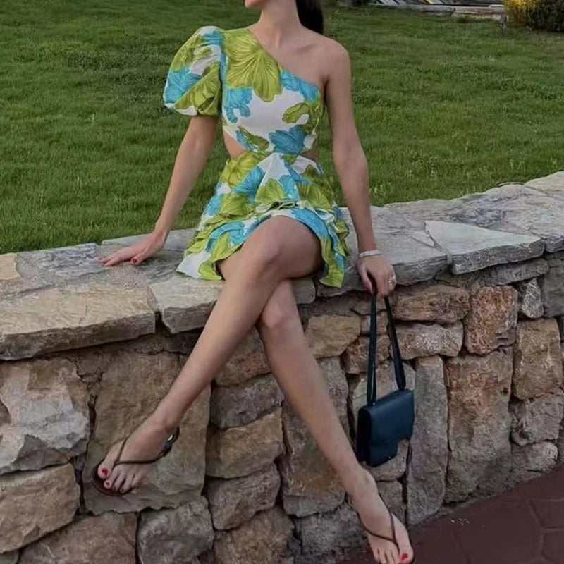 Floral Print Hollow Mini Dress