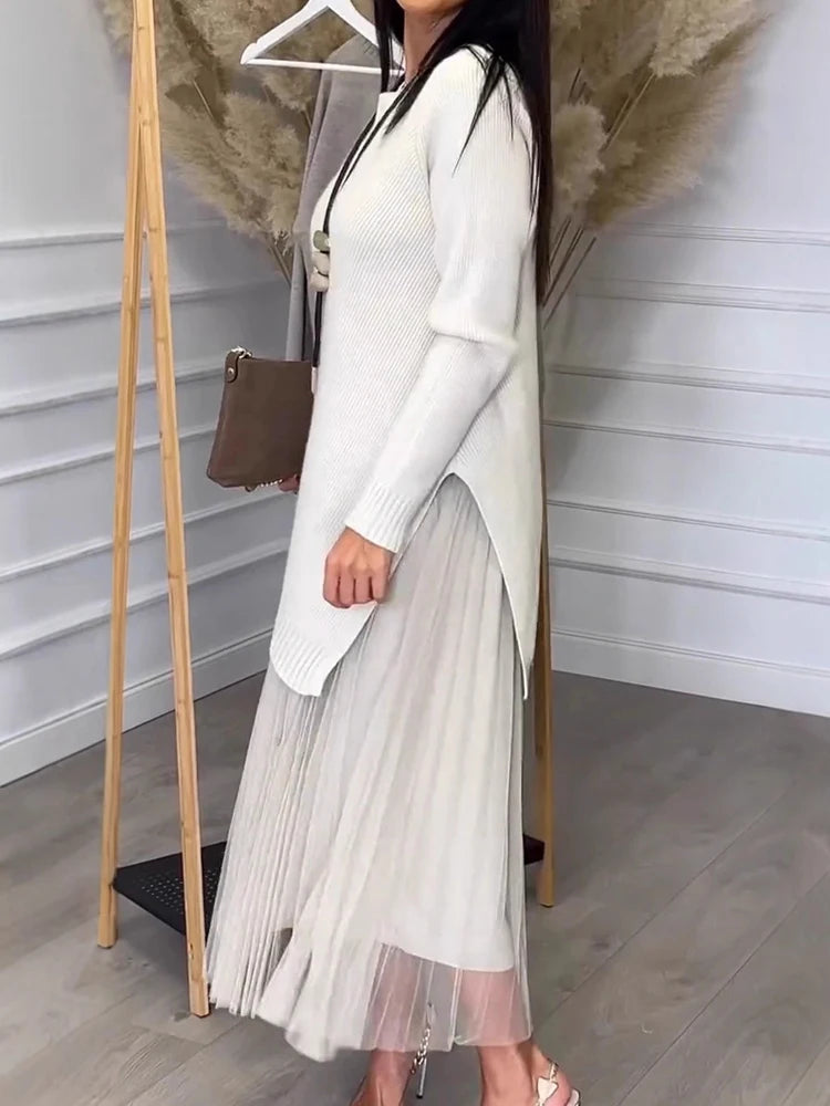 Sexy Mesh Splicing Solid Long Skirt Outfits
