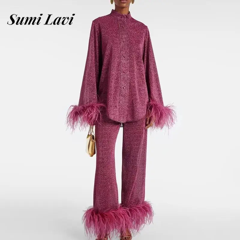 Fashion Stand Neck Button Shirt & Long Pant Set