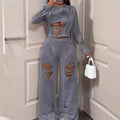 Fashion O-neck Pullover Top & Long Pant Lady Set Elegant Str