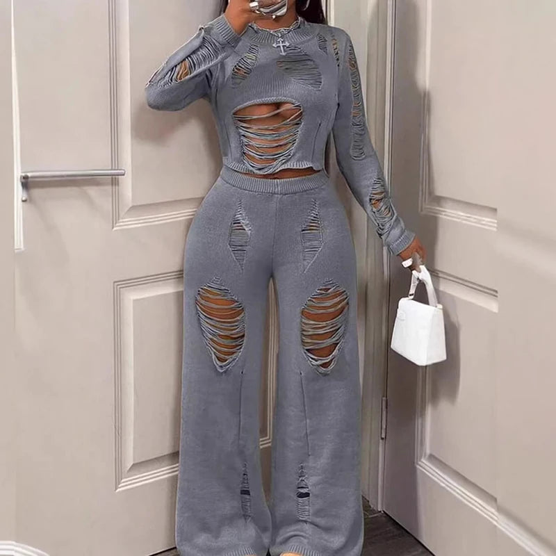 Fashion O-neck Pullover Top & Long Pant Lady Set Elegant Str