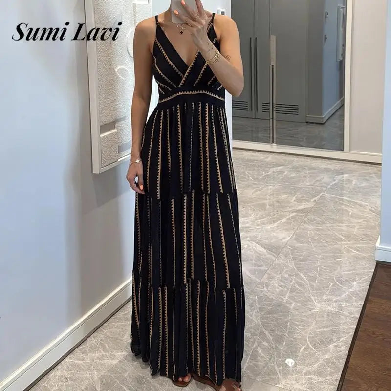 V-neck Pleated Vacation Dress