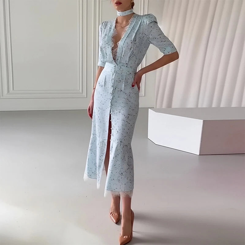 Lace Splice High Waist Long Dress