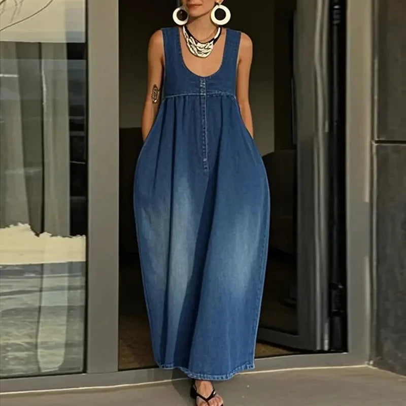 Summer Casual Pocket Long Dress U-neck Loose