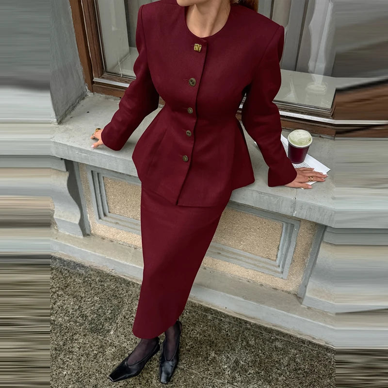 Fashion O-neck Long Sleeve Blazer Coat & Skirt Set