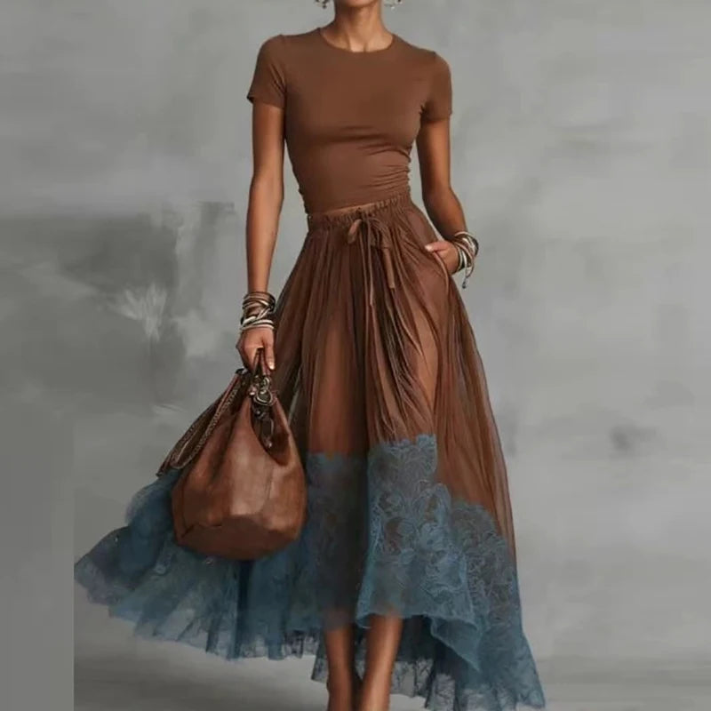 Draped Skirt Suit Women's Elegant O-Neck Outfit