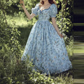 Floral Print Long Dress with Bubble Sleeves