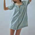 Square Collar Denim Jumpsuit Casual Bubble Sleeve