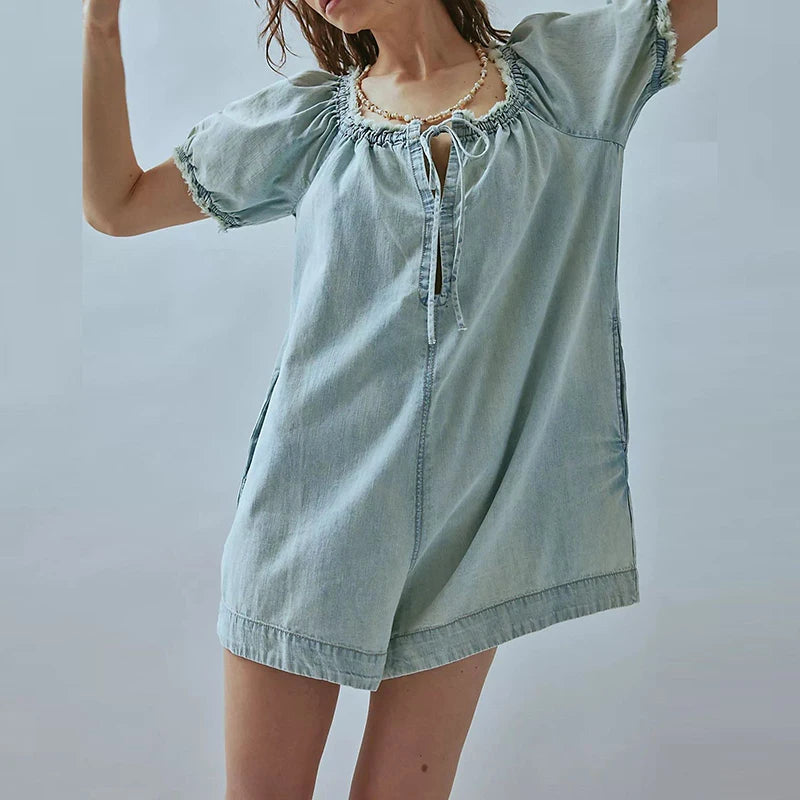 Square Collar Denim Jumpsuit Casual Bubble Sleeve