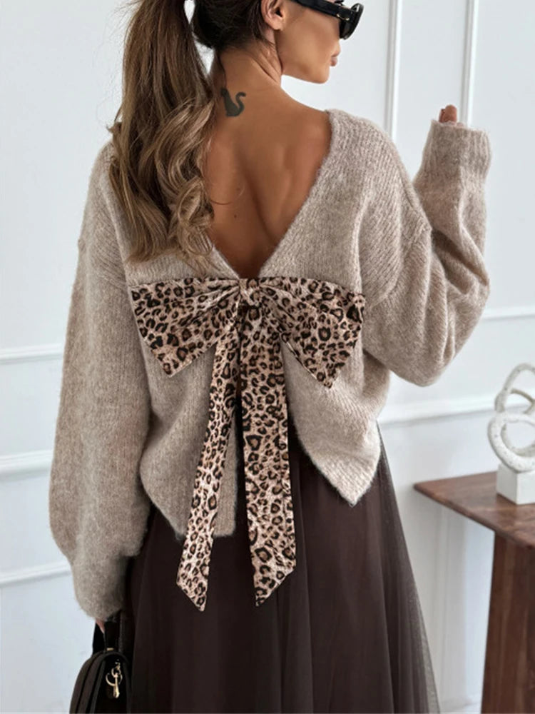 Winter Elegant Bow Backless Hollow Out Jumper