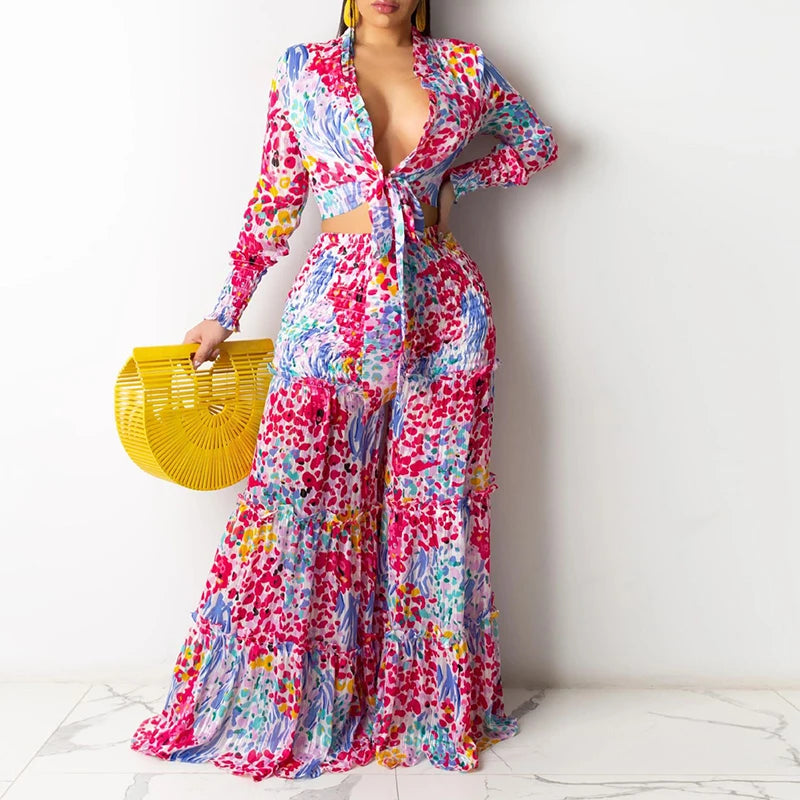 Floral Print Shirt & Wide Leg Pants Suit
