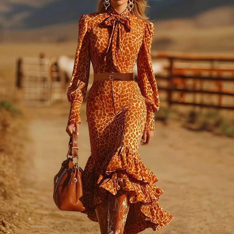 Leopard Print Bow Lace-Up Dress