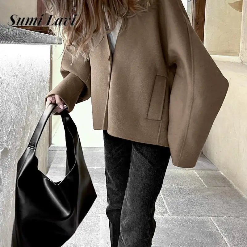 All-match V Neck Solid Color Loose Overcoat