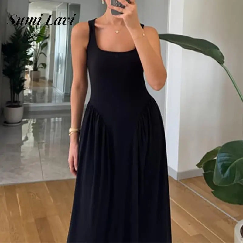 Square Neck Party Dress Slim Solid Color Draped Maxi