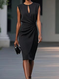 Round Neck Hollow Out Midi Dress Elegant Crossover Knot