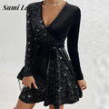 V Neck Long Sleeve Mini Dress