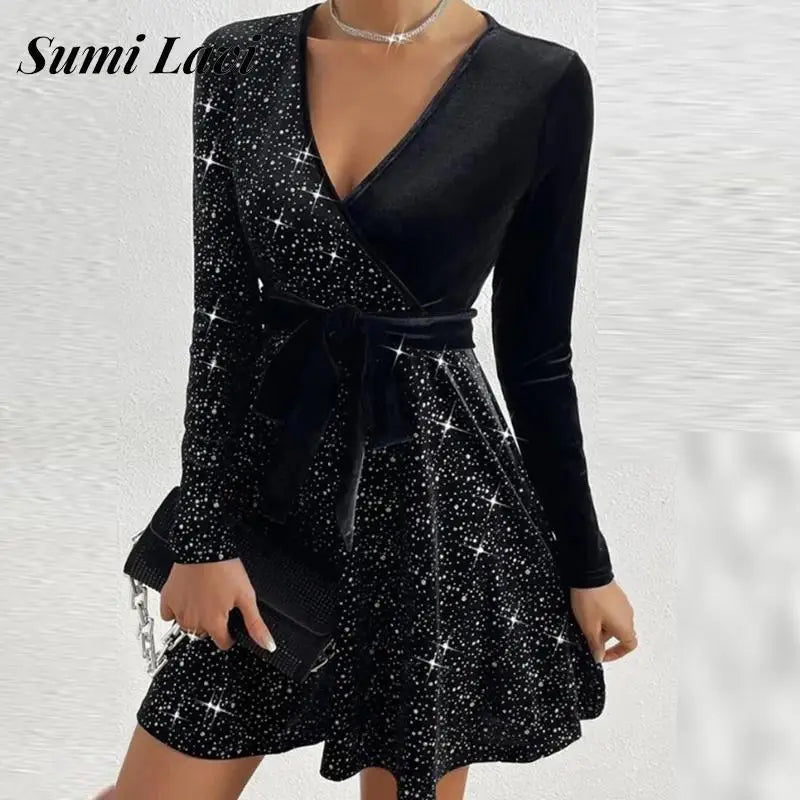 V Neck Long Sleeve Mini Dress