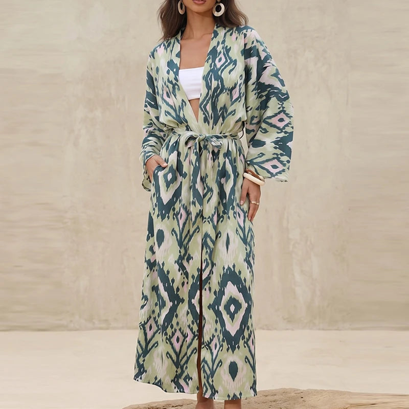 Printed Cover Up Seaside Long Dress Elegant V-neck