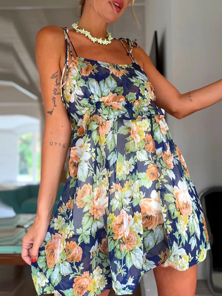 Floral Print Short Dress with Ruffles
