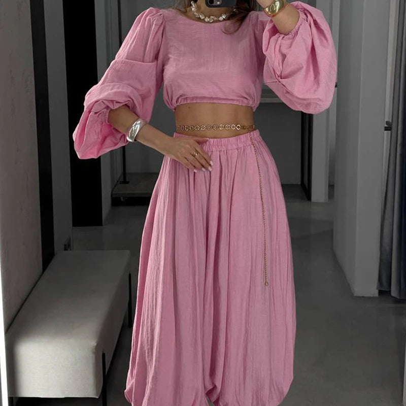 Woman Casual Long Sleeve Simple Suit Elegant High Waist Wide