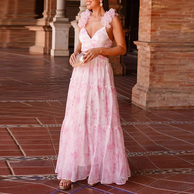 V-neck Sleeveless Boho Chiffon Dress