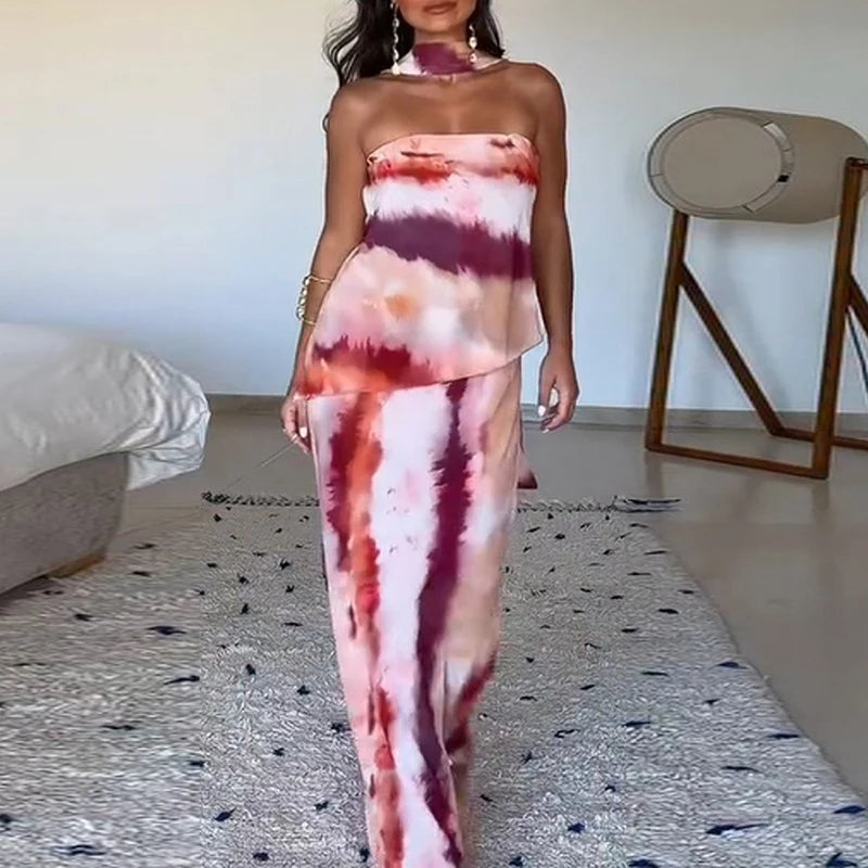 Casual Sleeveless Tie Dye 2 Piece Suit High Waist