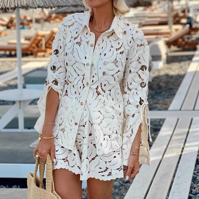 Embroidery Lace Button Shirt & Short Pants Suit