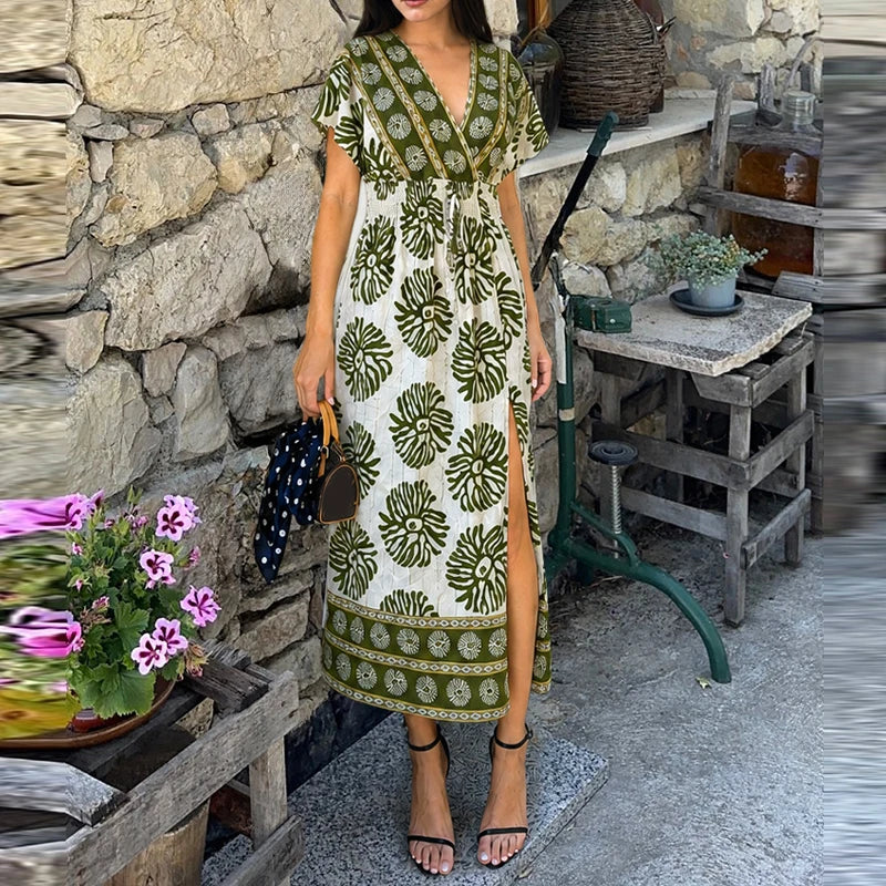 Floral Print Draped Beach Dress V-Neck