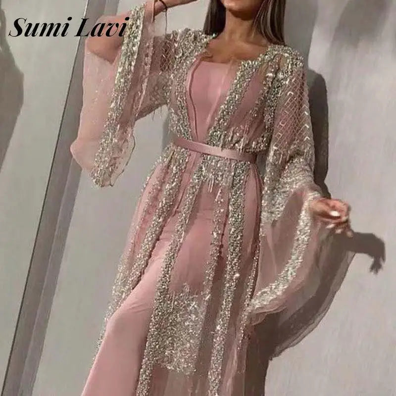 Glitter Flared Long Sleeve Evening Dress Vintage