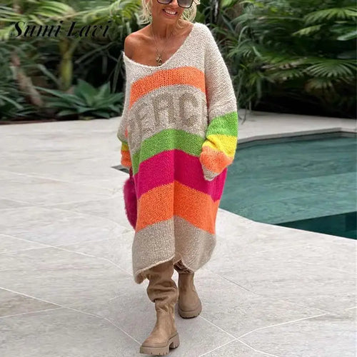 Casual V Neck Long Sleeve Knitted Dress