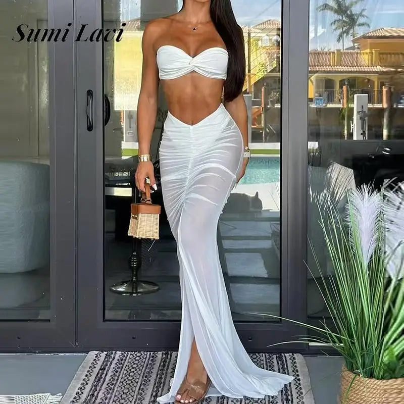Mesh Crop Bra Top & Long Skirt Suit