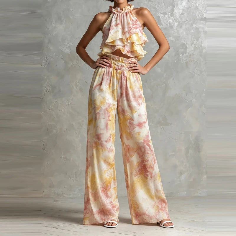 Ruffled Edge Halter Neck Top & Wide Leg Pant Suit