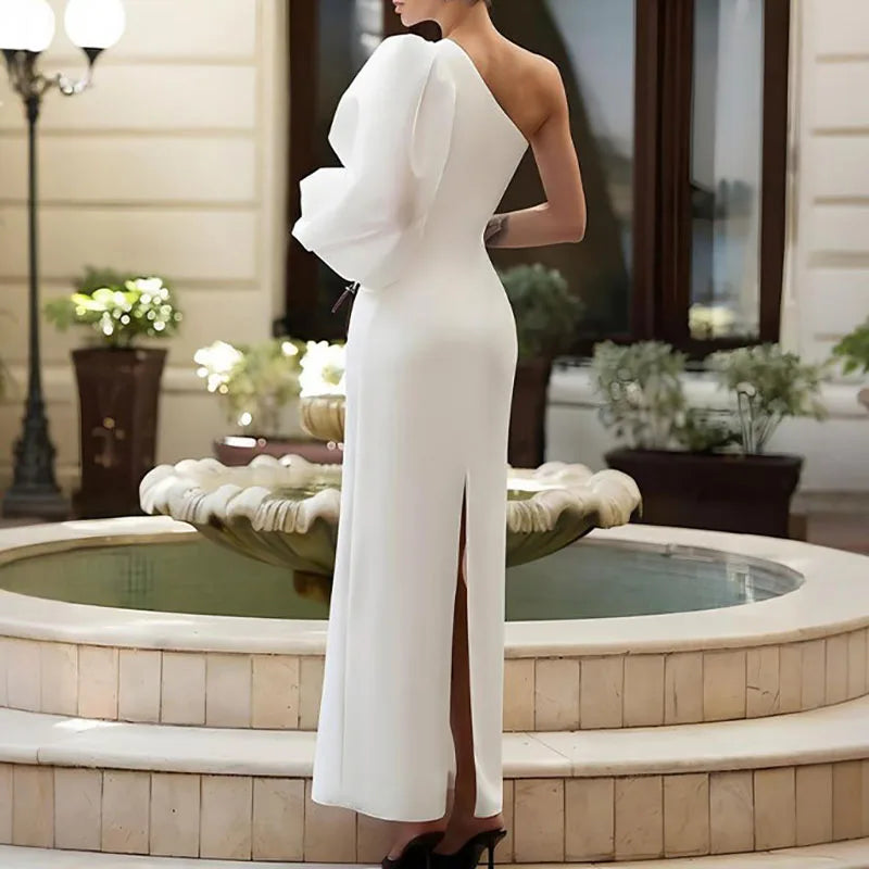 Slanted Neck Backless Evening Dress