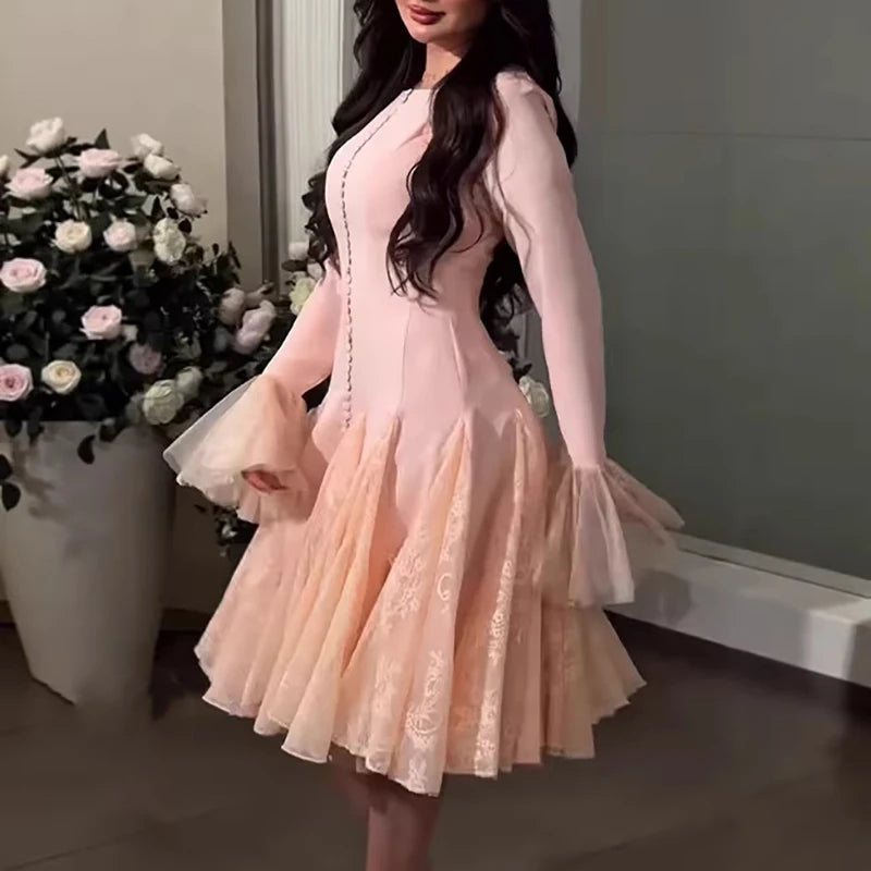 O-Neck Flare Sleeve Party Dress Lace Patchwork