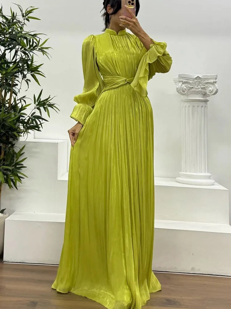 Stand Collar Long Dress Flared Sleeve